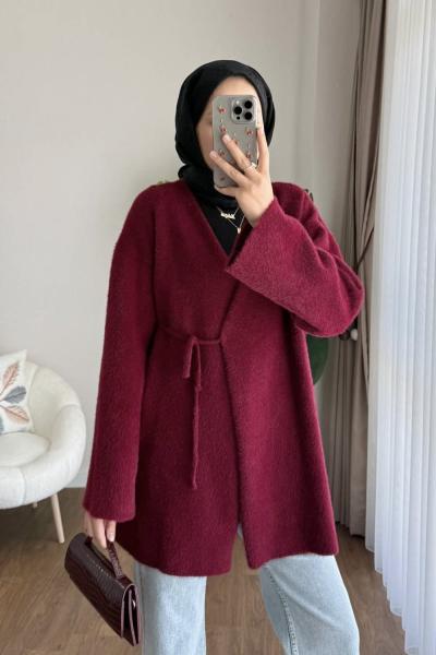 Yandan Bağcıklı Sakallı Triko Hırka Bordo