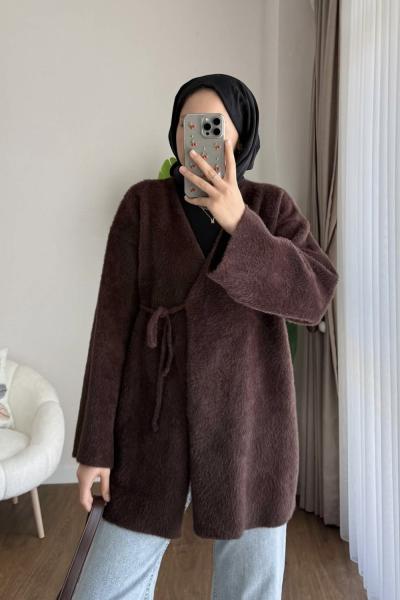 Yandan Bağcıklı Sakallı Triko Hırka Kahverengi