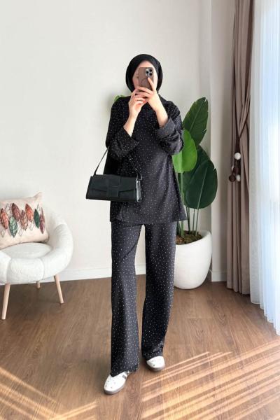 Yanları Büzgülü Taş Baskılı Takım Siyah