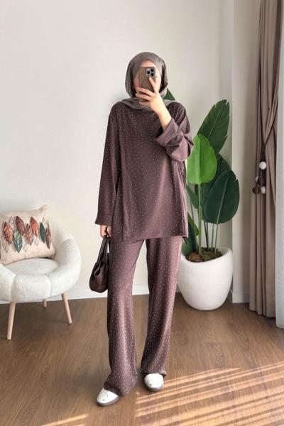 Yanları Büzgülü Taş Baskılı Takım Kahverengi