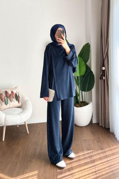 Yanları Büzgülü Taş Baskılı Takım Lacivert