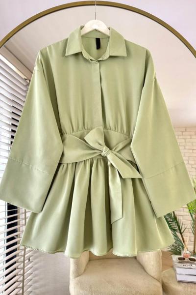 Yarım Patlı Beli Kuşaklı Gömlek  Yeşil