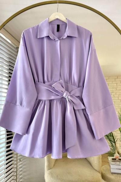 Yarım Patlı Beli Kuşaklı Gömlek  Lila