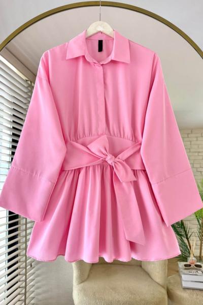 Yarım Patlı Beli Kuşaklı Gömlek  Pembe