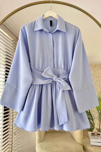 Yarım Patlı Beli Kuşaklı Gömlek  Bebe Mavisi
