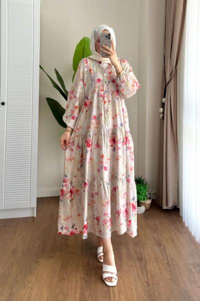 Yasmin Desenli Elbise Krem