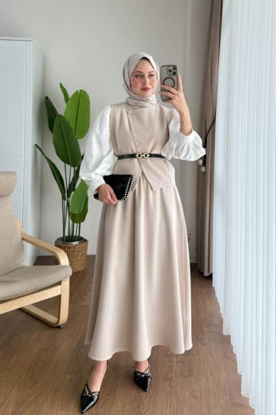 Yelekli Etekli Takım  Bej