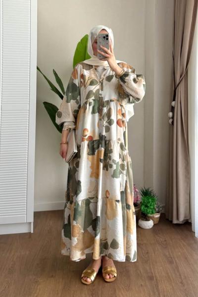 Yeşim Desenli Elbise Krem