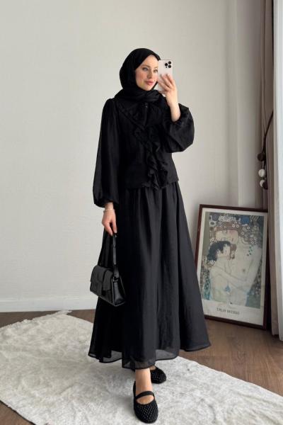 Buse Fırfırlı Etekli Takım  Siyah