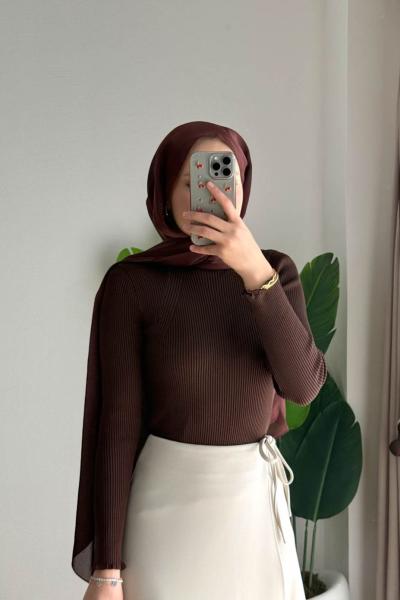 Dik Yaka Fırfırlı Body Kahverengi