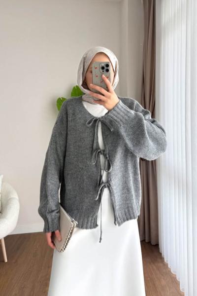 Bağcıklı Laura Hırka  Gri