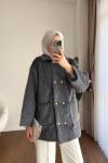 Düğme Detaylı Tüylü Ceket Füme