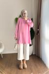Kolları Düğme Detaylı Çımalı Tunik Pembe