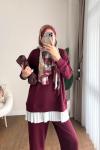 Piliseli Modal İkili Takım Bordo