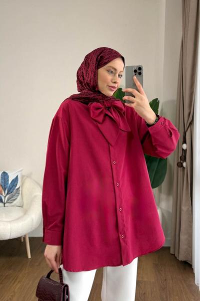 Yakası Bağcıklı Oversize Gömlek Bordo
