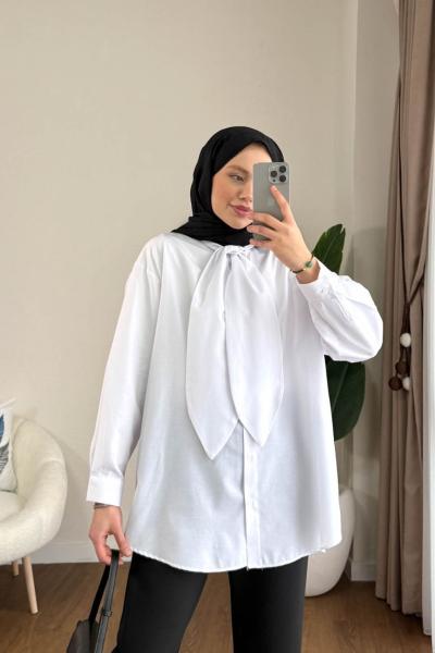 Yakası Bağcıklı Oversize Gömlek Beyaz