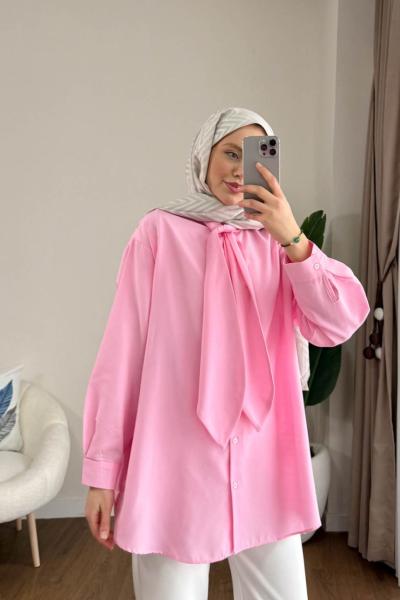 Yakası Bağcıklı Oversize Gömlek Pembe
