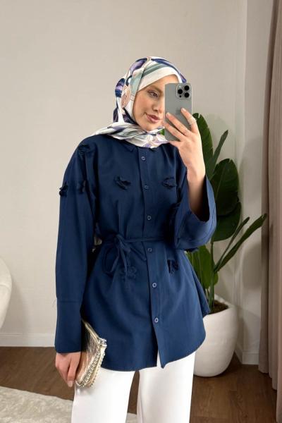 Gardenya Çiçekli Gömlek Lacivert