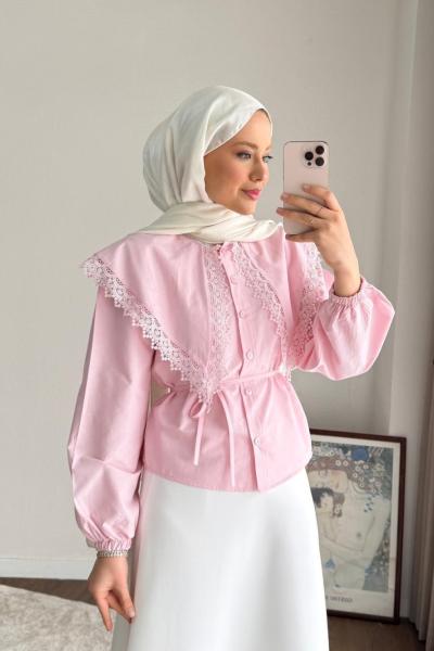  Dantel Yakalı Kısa Gömlek Pembe