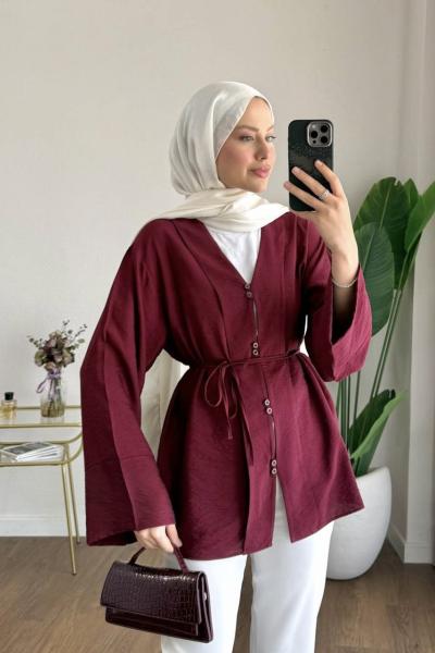  Pervazlı V Yaka Gömlek Bordo