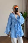 Önü Fırfırlı Püsküllü Kimono Mavi