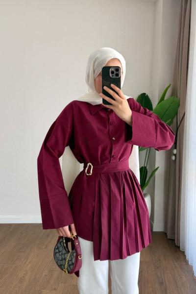 Pile Detaylı Gömlek Bordo