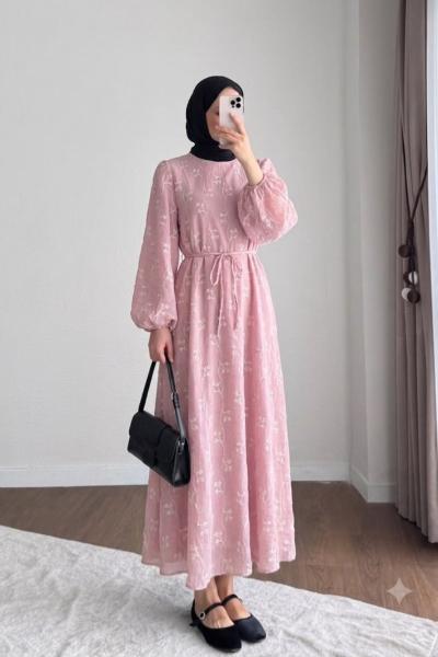 Nakışlı Tensel Elbise  Pembe
