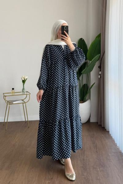 Puantiyeli Oversize Elbise Lacivert