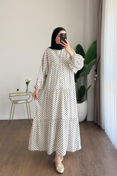Puantiyeli Oversize Elbise Ekru