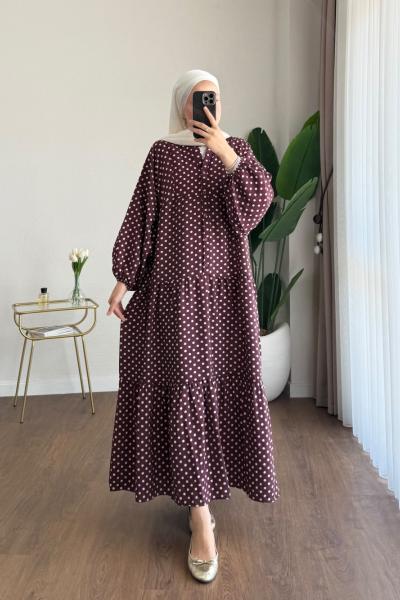 Puantiyeli Oversize Elbise Bordo
