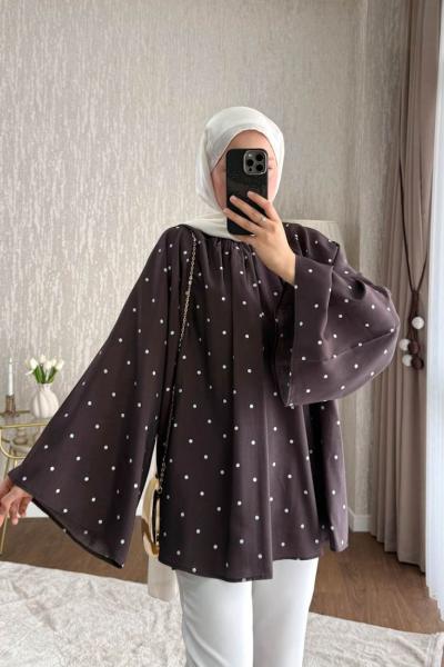 Puantiyeli Oversize Tunik Kahverengi
