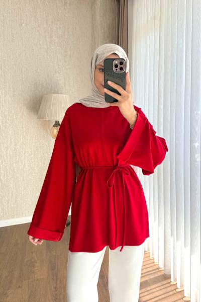 Bisiklet Yaka Yırtmaçlı Sweatshirt  Kırmızı