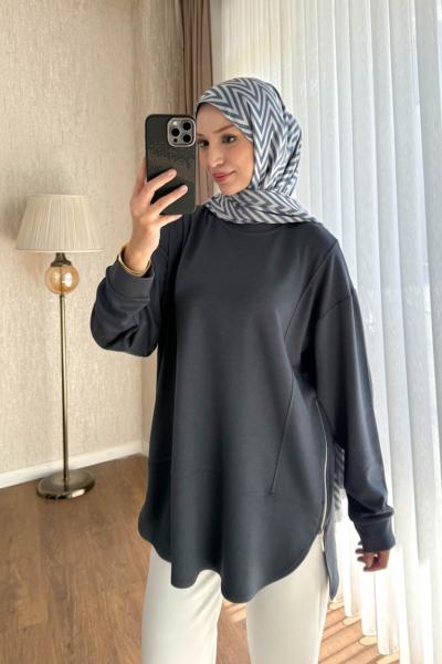 Yanları Fermuarlı Parçalı Tunik Antrasit