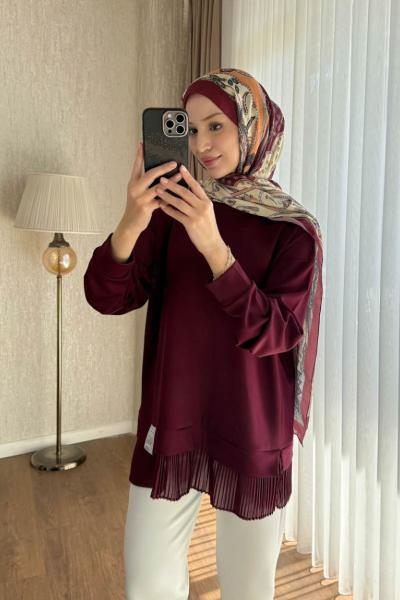 Eteği Piliseli Oversize Tunik  Bordo