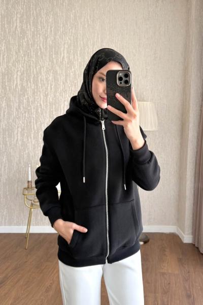 Fermuarlı Üç İplik Hırka Siyah