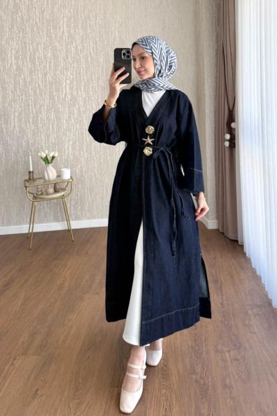 Broşlu Uzun Denim Kap Lacivert