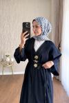 Broşlu Uzun Denim Kap Lacivert