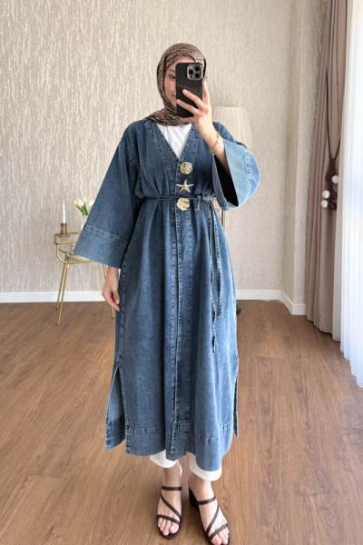 Broşlu Uzun Denim Kap Kar Yıkama
