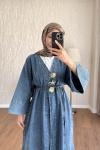 Broşlu Uzun Denim Kap Kar Yıkama