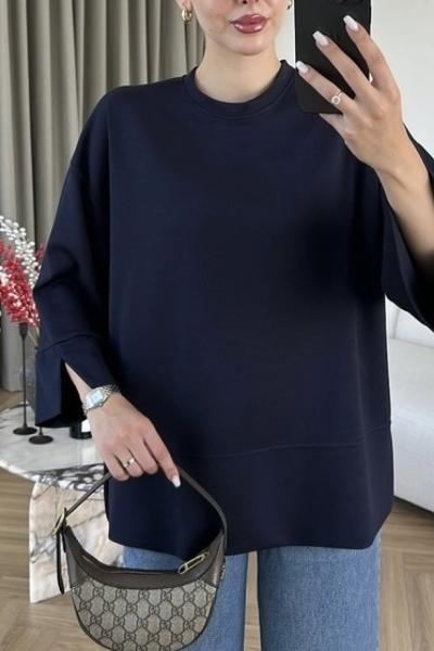 Yanı Yırtmaçlı Uzun Kollu Sweatshirt Lacivert