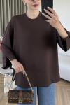 Yanı Yırtmaçlı Uzun Kollu Sweatshirt Kahverengi