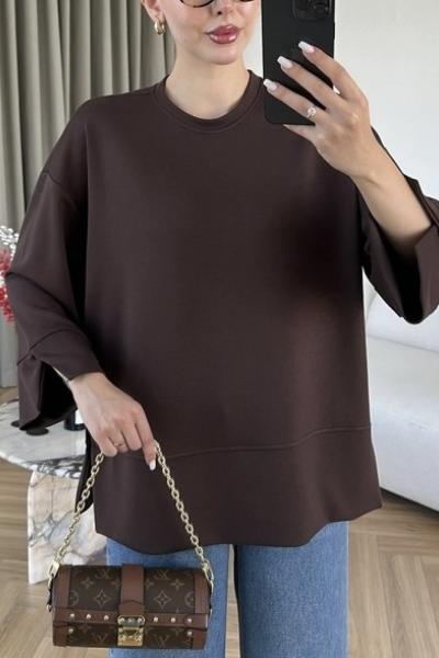 Yanı Yırtmaçlı Uzun Kollu Sweatshirt Kahverengi