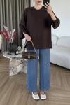 Yanı Yırtmaçlı Uzun Kollu Sweatshirt Kahverengi