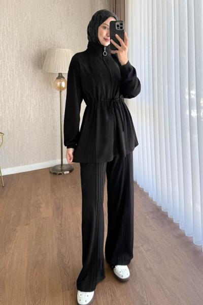 Nervürlü Modal Takım Siyah