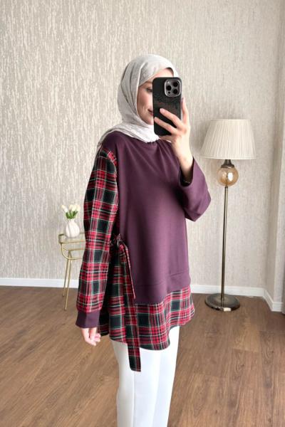 Ekose Garnili Yanı Bağlamalı Tunik Mürdüm