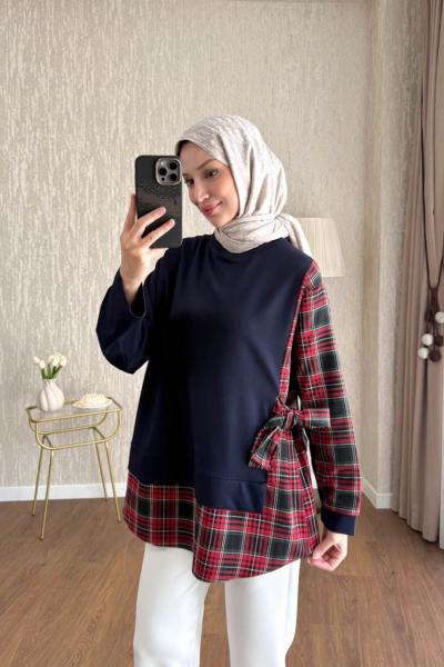 Ekose Garnili Yanı Bağlamalı Tunik Lacivert
