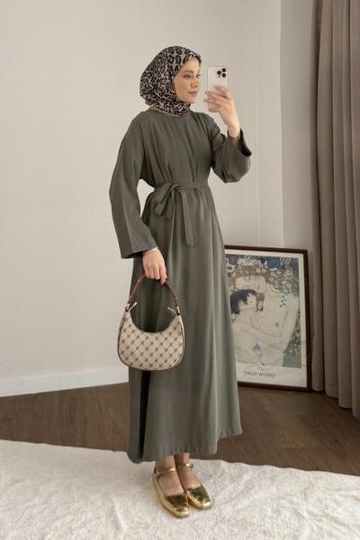 Kuşaklı Diagonal Elbise  Haki