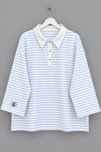 Salaş Polo Yaka Çizgili Sweatshirt  Mavi