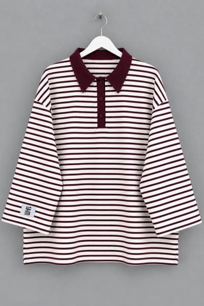 Salaş Polo Yaka Çizgili Sweatshirt  Mürdüm