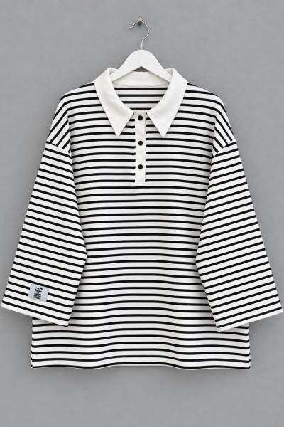 Salaş Polo Yaka Çizgili Sweatshirt  Siyah